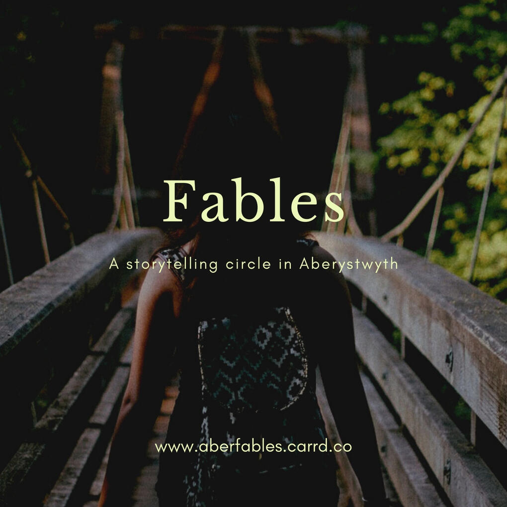A dark haired person crossing a shadowy forest bridge, seen from behind, off on an adventure with text: "Fables"