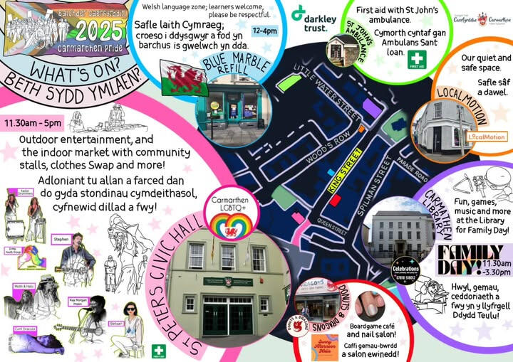 A map of Carmarthen with schedule laid out visually - click for post with text info on Facebook